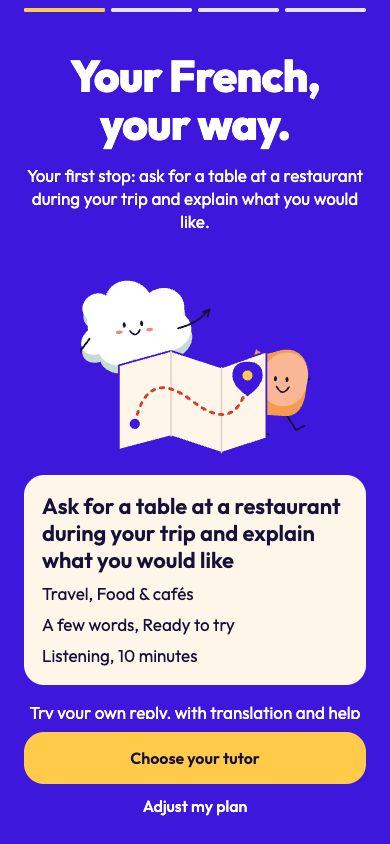 Luvani app preview: a personal French practice plan with a friendly map illustration