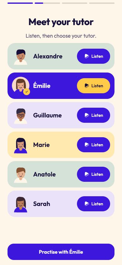 App preview showing six French tutor voices to choose from, including Alexandre and Émilie